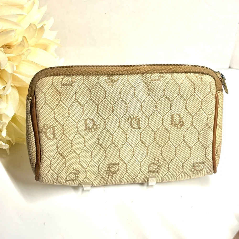 Authentic 1990s CHRISTIAN DIOR Brown Honeycomb Clutch Pouch Cosmetics Bag France